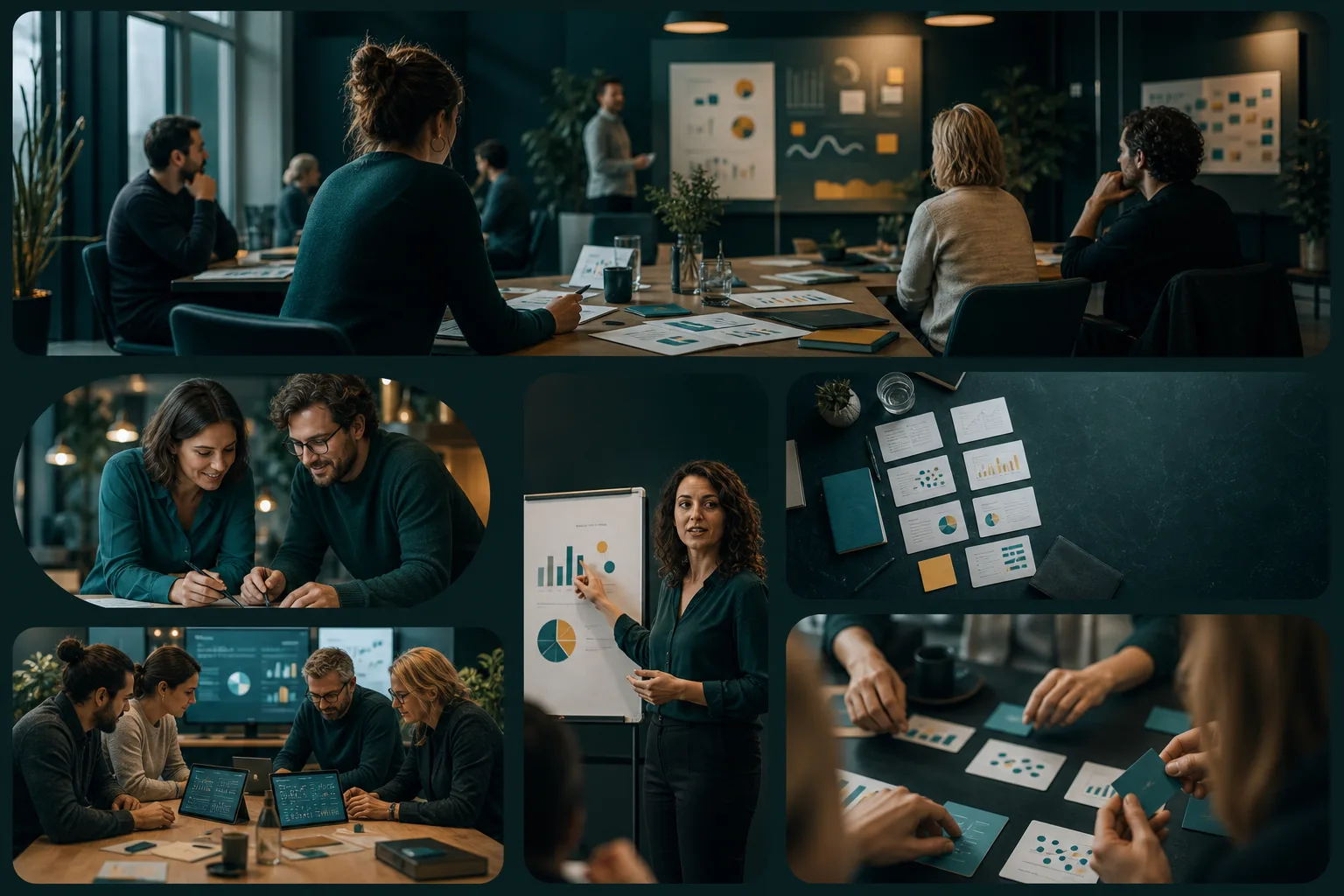 Team comparing data dashboards during a workshop